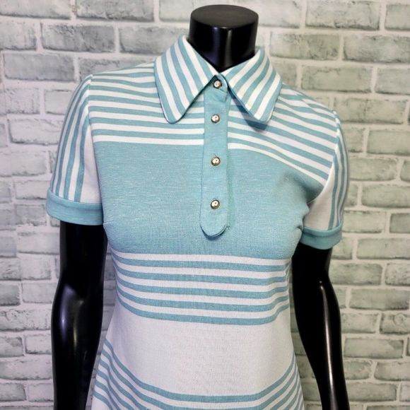 Vintage 70s Leslie‎ Fay Womens M Turquoise White Striped Dbl Knit Poly Dress - Picture 2 of 9